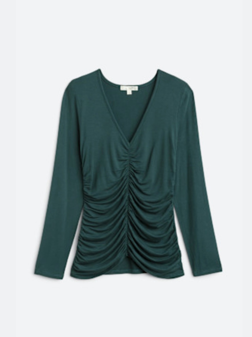Ruched V-Neck Long-Sleeve Top - Deep Green